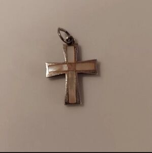 925 Silver Mother of Pearl Face Cross - Pendant or Charm 3/4 x 1/2 inches Y2k